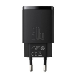 Baseus Compact Quick Wall Charger 20W - захранване за ел. мрежа с USB-A и USB-C изходи и технология за бързо зареждане, черно