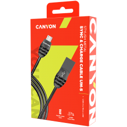 USB Кабели CANYON UM-5, Micro USB 2.0 standard cable, Power & Data output, 5V 2A, OD 3.5mm, metallic Jacket, 1m, gun color, 0.04kg
