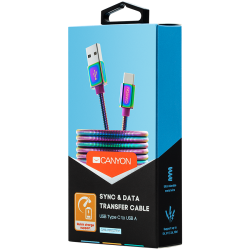 USB Кабели CANYON UC-7, Type C USB 2.0 standard cable, Power output 5V/9V 2A, OD 3.8mm, metal shell, cable length 1.2m, Rainbow, 14*6*1000mm, 0.04kg