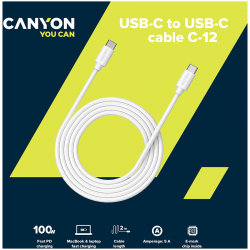 USB Кабели CANYON UC-12, cable 100W, 20V/ 5A, typeC to Type C, 2M with Emark, Power wire :20AWG*4C,Signal wires :28AWG*4C,OD4.5mm, PVC ,white