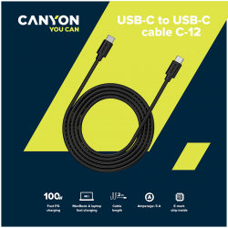 USB Кабели CANYON UC-12, cable 100W, 20V/ 5A, typeC to Type C, 2M with Emark, Power wire :20AWG*4C,Signal wires :28AWG*4C,OD4.5mm, PVC ,black