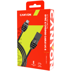 USB Кабели CANYON UC-5, Type C USB 2.0 standard cable, Power & Data output, 5V 2A, OD 3.5mm, metallic Jacket, 1m, gun color, 0.04kg