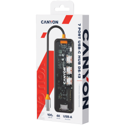 USB хъб CANYON DS-13, USB-hub, Size: 137.9mm*42.7mm*15mm Weight: 167.5gCable length: 155mm Material: Zinc alloy+Tempered glass+TPE Port: Type-C To USB3.0*3(5Gbps)+SD/TF 3.0(5Gbps)+HDMI(4K@30Hz),Space Grey