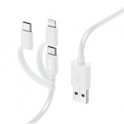 USB Кабел HAMA 3 в 1 USB-A към Micro-USB, USB-C и Lightning - 1 м, бял