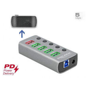USB хъб Type-C Delock 4 x USB-A, 1 Fast Charging Port, 1 x USB-B, 1 x USB-C PD, Подсветка, Сив