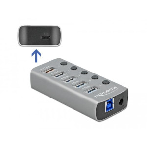 USB хъб Type-C Delock 4 x USB-A, 1 Fast Charging Port, 1 x USB-B, 1 x USB-C PD, Подсветка, Сив