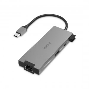 5-портов хъб USB-C HAMA Multiport, 2 x USB-A, 1 x USB-C, 1 x HDMI, 1х LAN, Сив