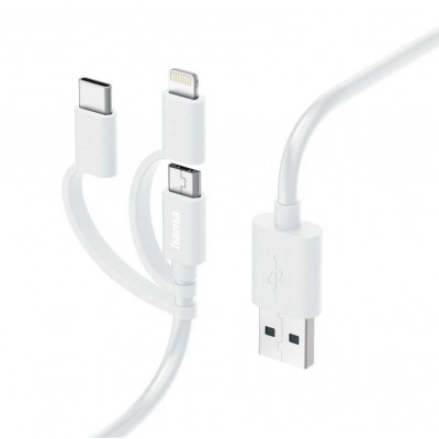 USB Кабел HAMA 3 в 1 USB-A към Micro-USB, USB-C и Lightning - 1 м, бял